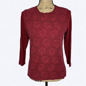 Chaps Floral Lace Overlay Top Sz M Maroon 3/4 Sleeve Dark Romantic Casual Office